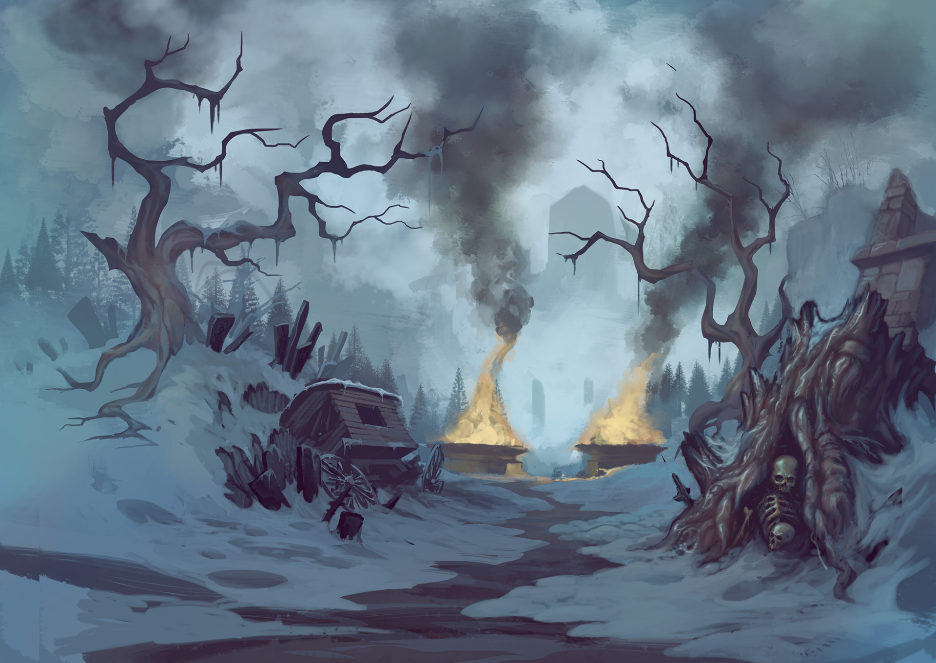 HD wallpaper featuring eerie Graven video game landscape with twisted trees and mystical ruins for desktop background.