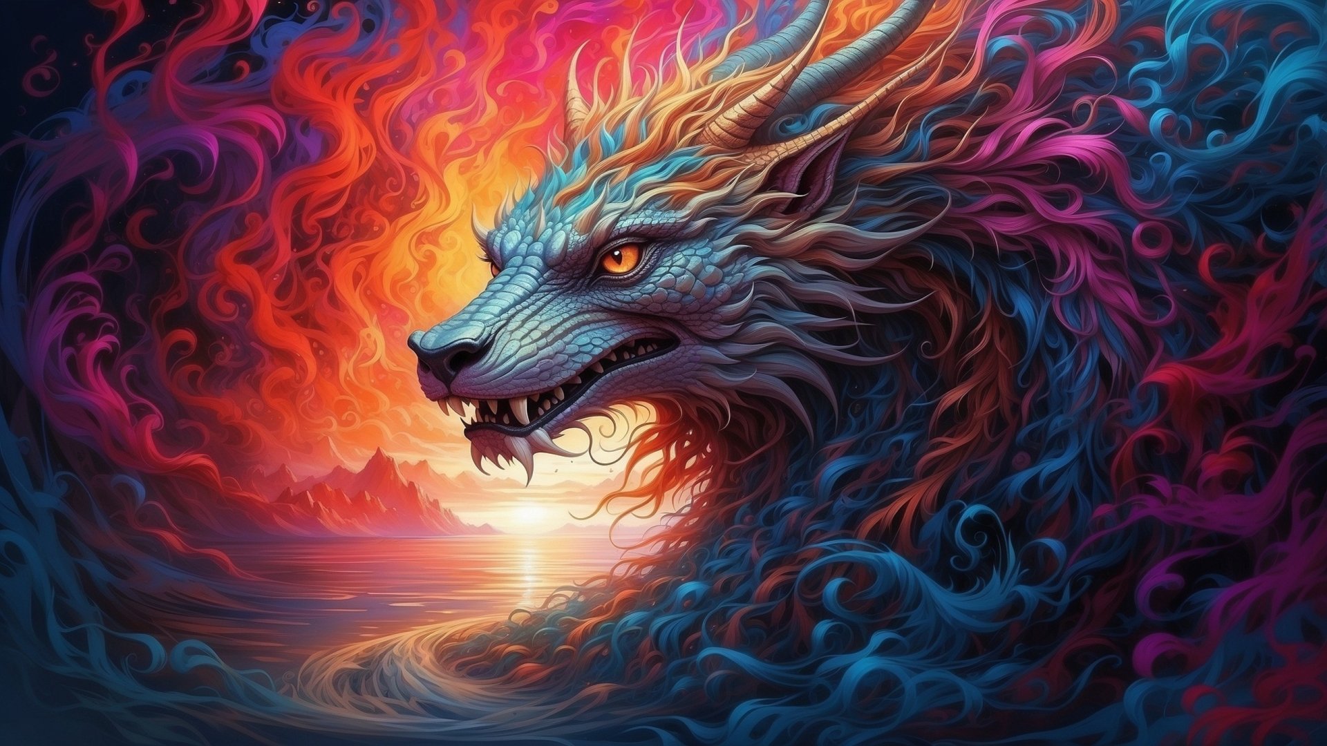 HD PC desktop wallpaper of a colorful Chinese dragon monster, its roaring head emerging from swirling multicolored clouds against a fiery sunset over the sea