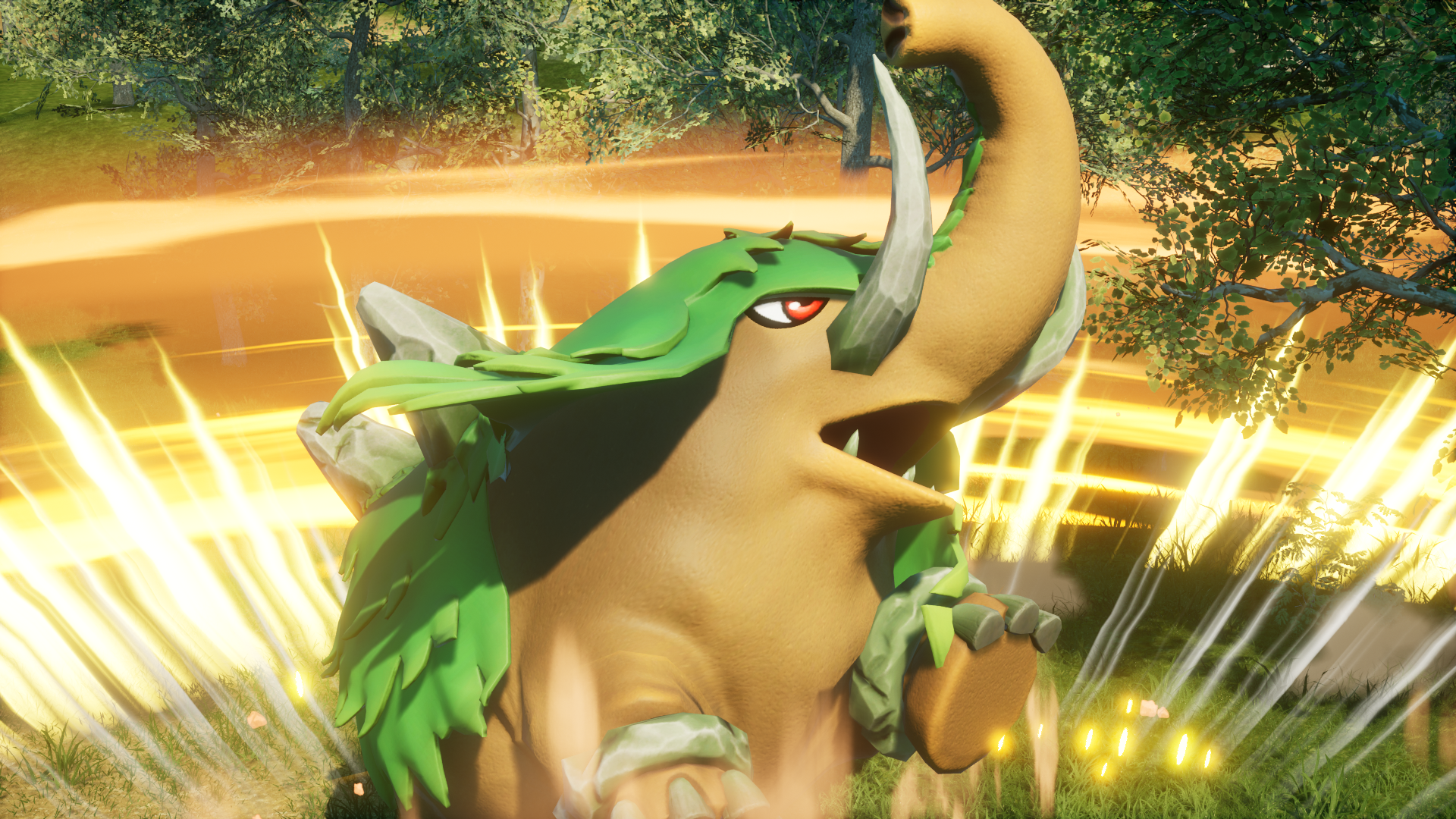 HD Palworld video game desktop wallpaper featuring a dynamic creature in a vibrant, sunlit environment.