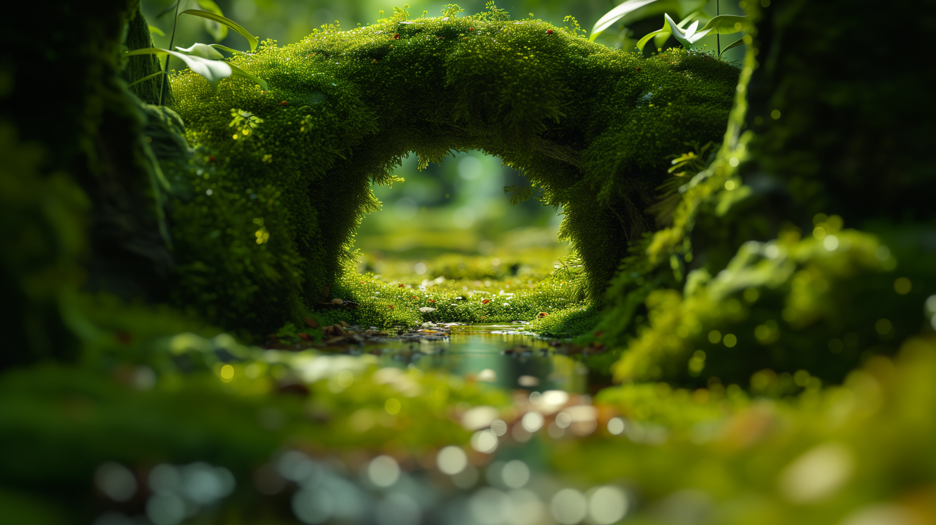 HD desktop wallpaper of a serene moss garden with a natural archway over a tranquil stream.