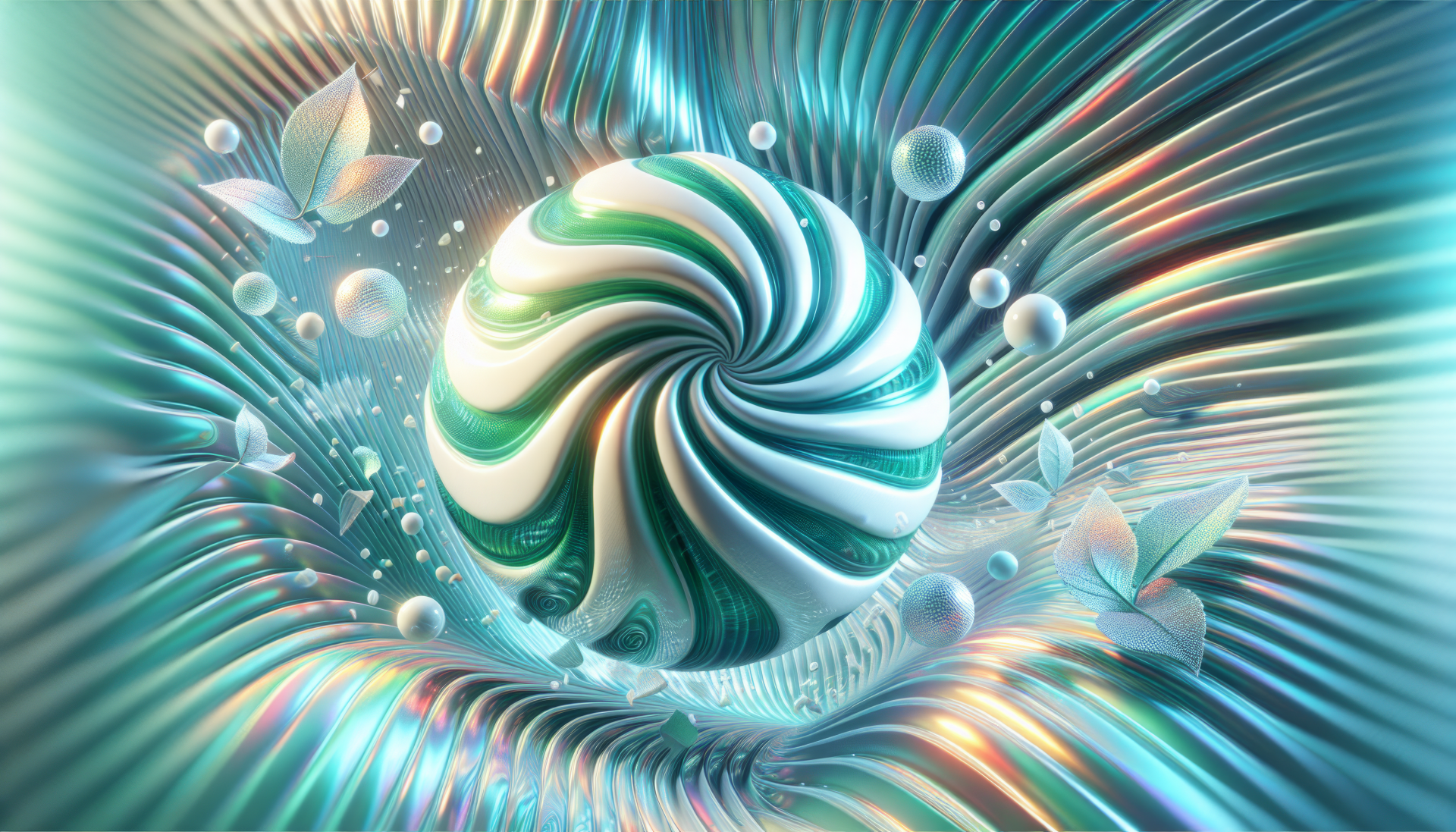 Abstract HD wallpaper with a swirling peppermint-inspired design, surrounded by light and floating geometric shapes.