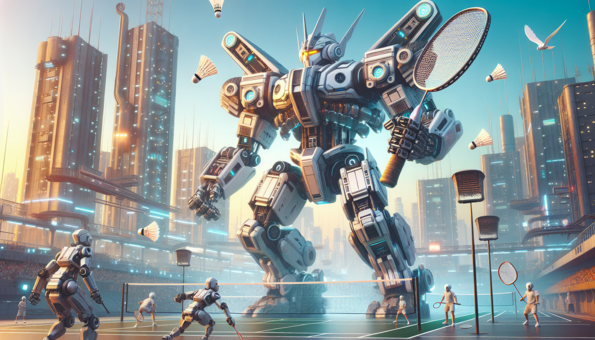 Futuristic robot playing badminton in a sci-fi city HD desktop wallpaper.