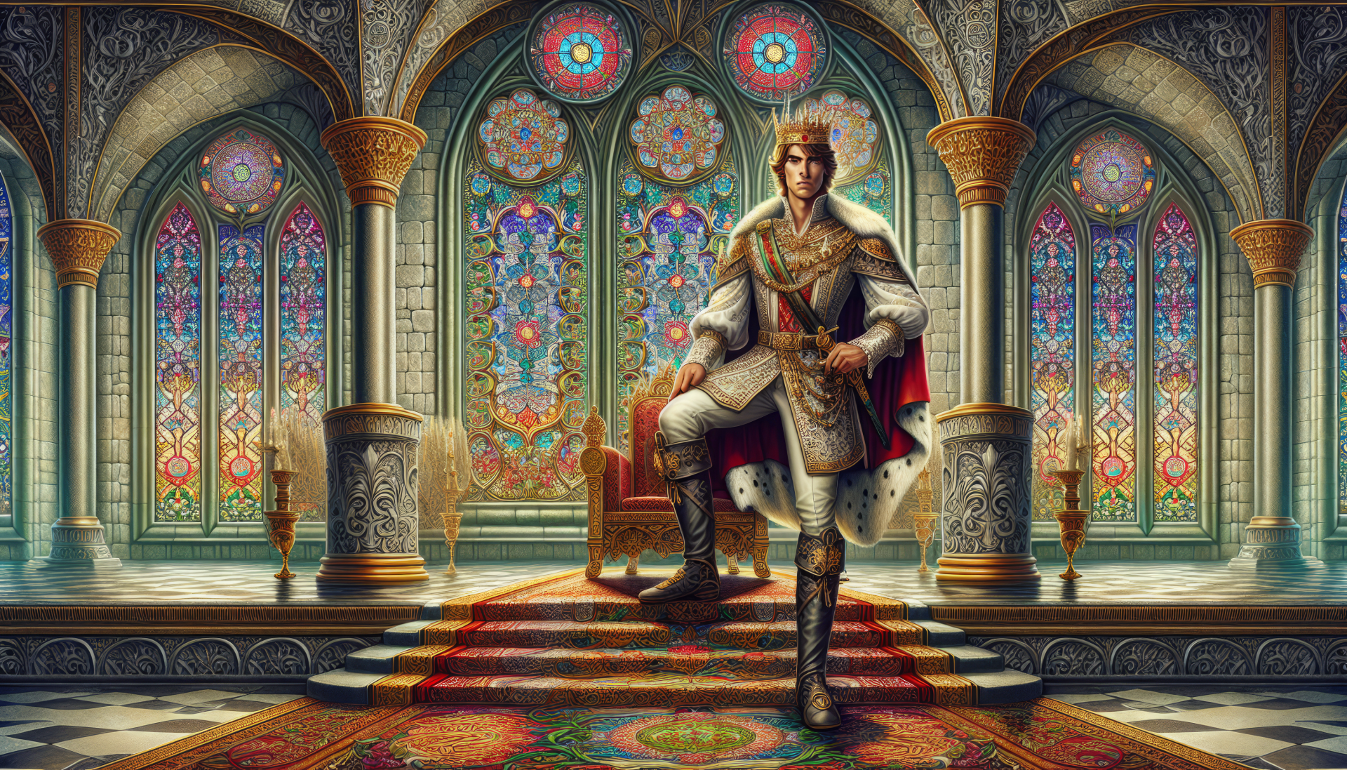 HD Wallpaper of a Prince in a Regal Throne Room with Stained Glass Windows for Desktop Background