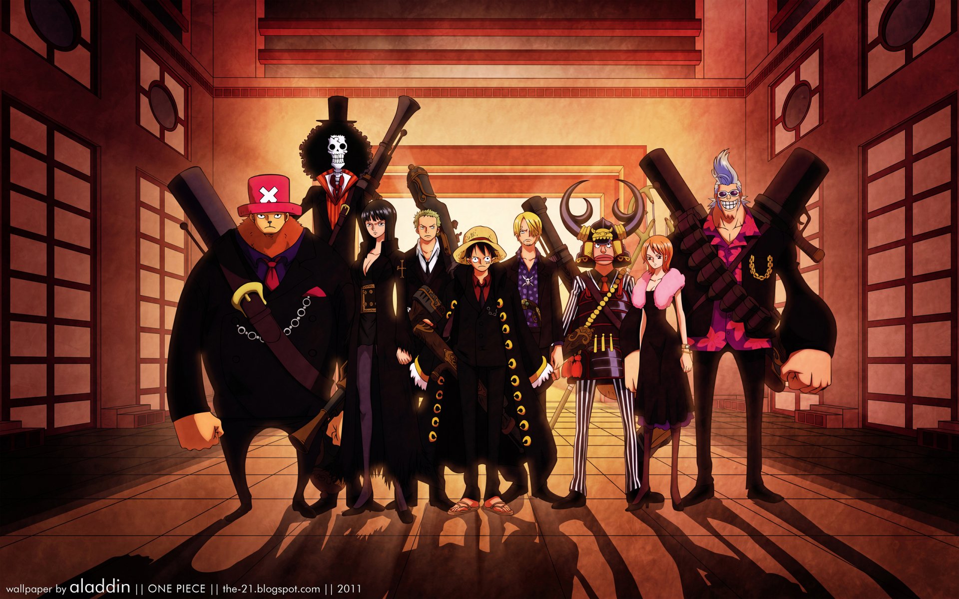 HD desktop wallpaper of the Straw Hat Pirates from One Piece, featuring characters like Franky, Nami, Usopp, Sanji, Monkey D. Luffy, Roronoa Zoro, Nico Robin, Brook, and Tony Tony Chopper in a dramatic pose.