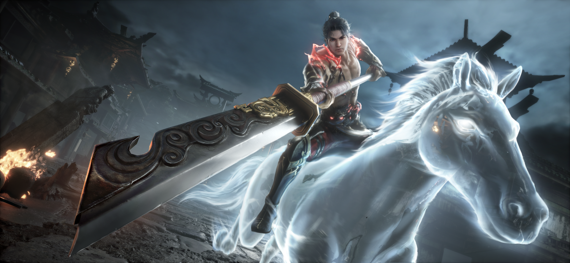 HD wallpaper featuring a warrior from Naraka: Bladepoint video game wielding a large sword with mystical energy, set against a dynamic backdrop of ancient structures.