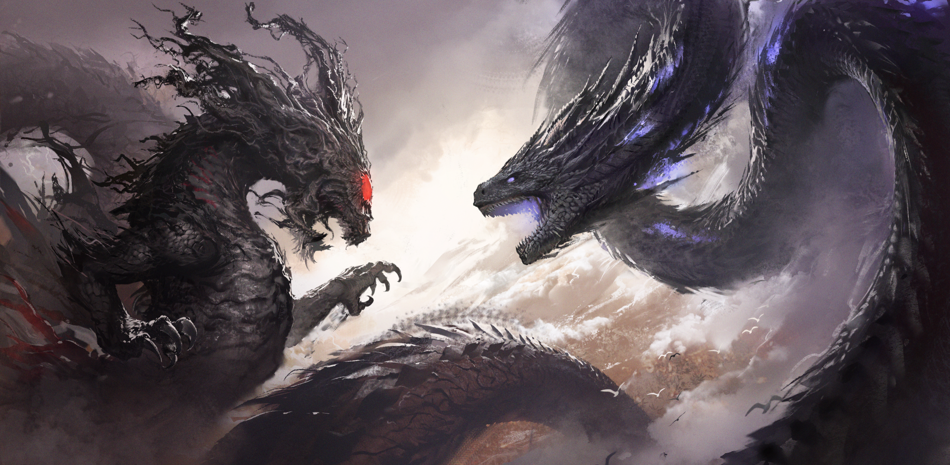 HD Naraka: Bladepoint wallpaper featuring an epic showdown between two fierce dragons amidst swirling clouds.