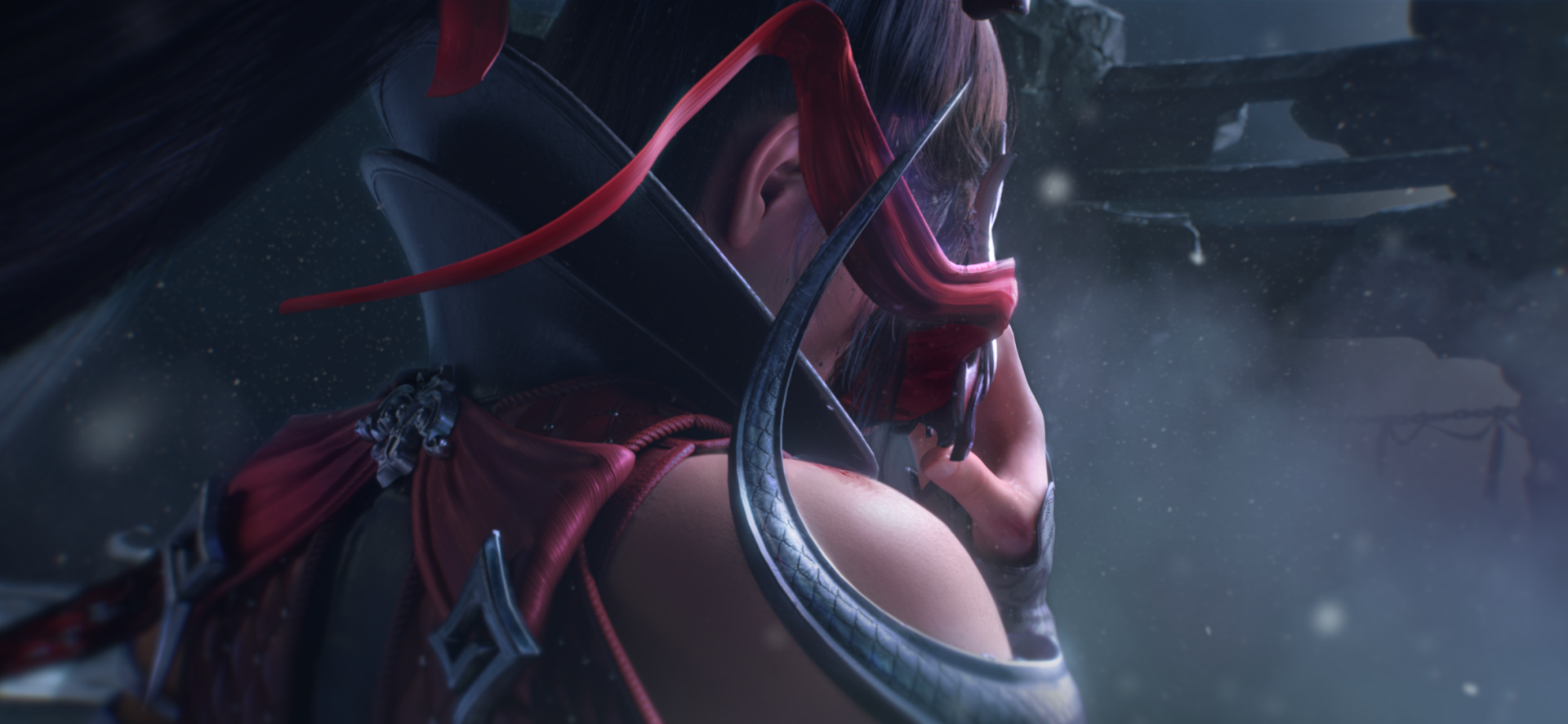 HD Wallpaper featuring a close-up of a character from Naraka: Bladepoint video game, with intricate details and a moody atmosphere for desktop background.