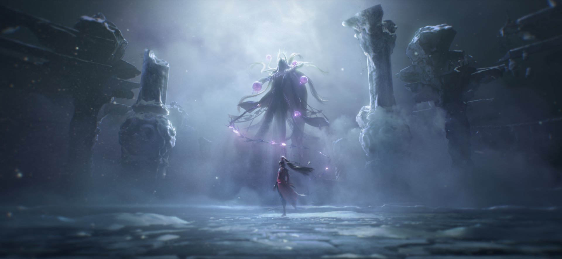 Naraka: Bladepoint HD wallpaper showing a mystical character confrontation under a moonlit sky with ethereal purple accents.