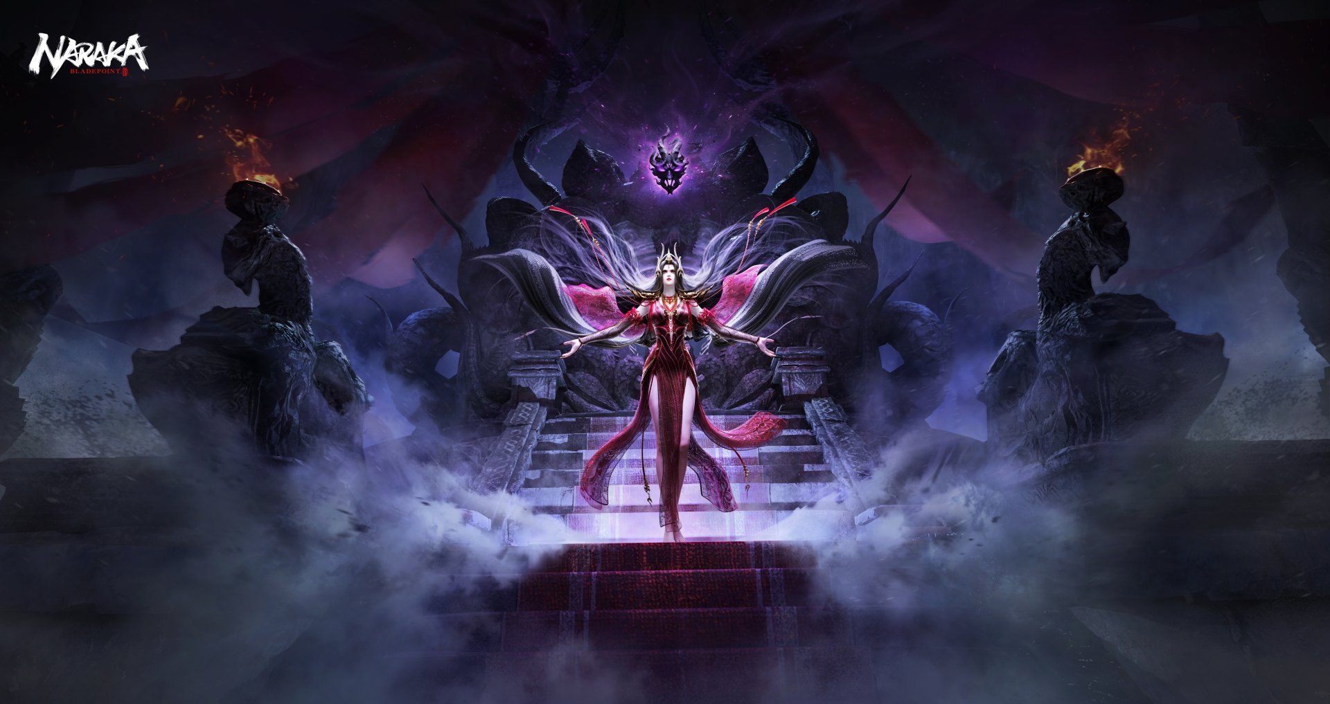 Naraka: Bladepoint video game witch character HD desktop wallpaper featuring a mystical witch standing center with dramatic lighting, amidst fog with guardian statues on either side.