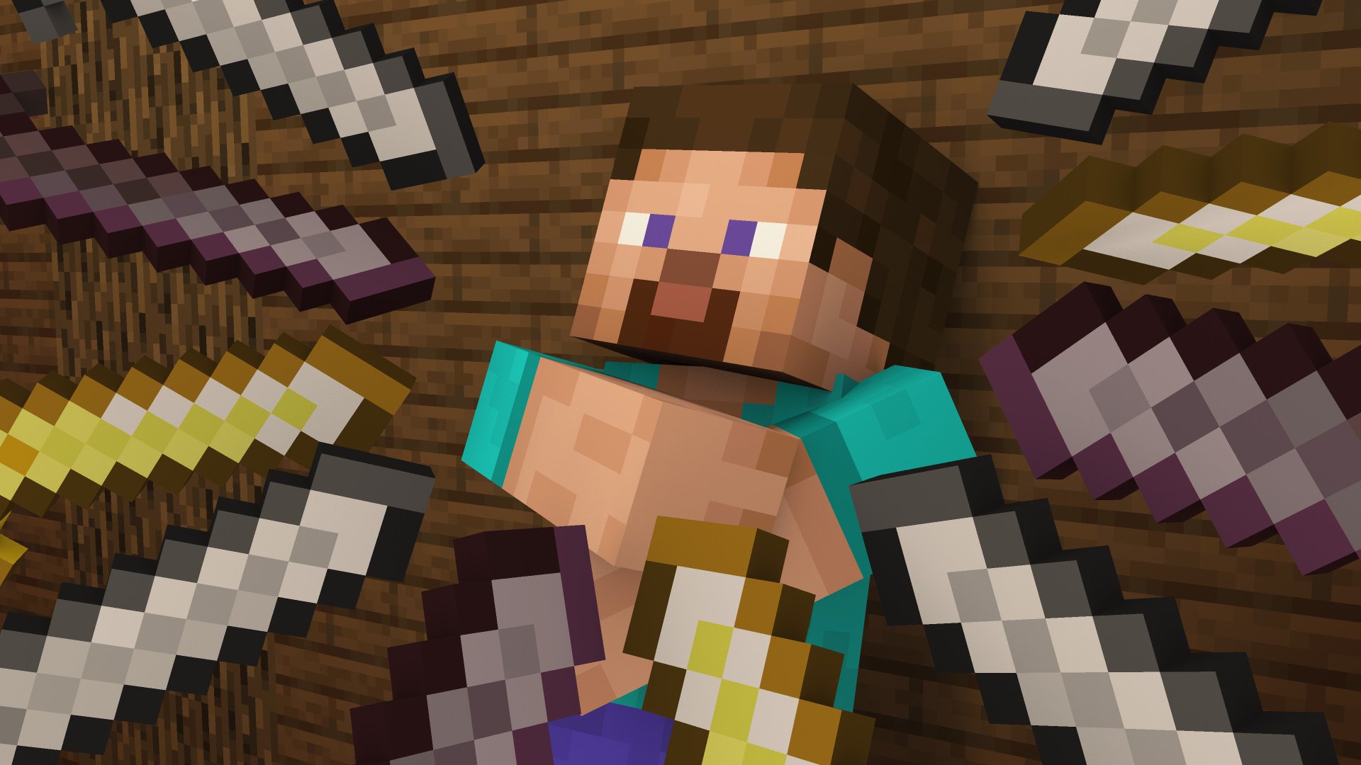 Minecraft character Steve with swords on wood background HD wallpaper.