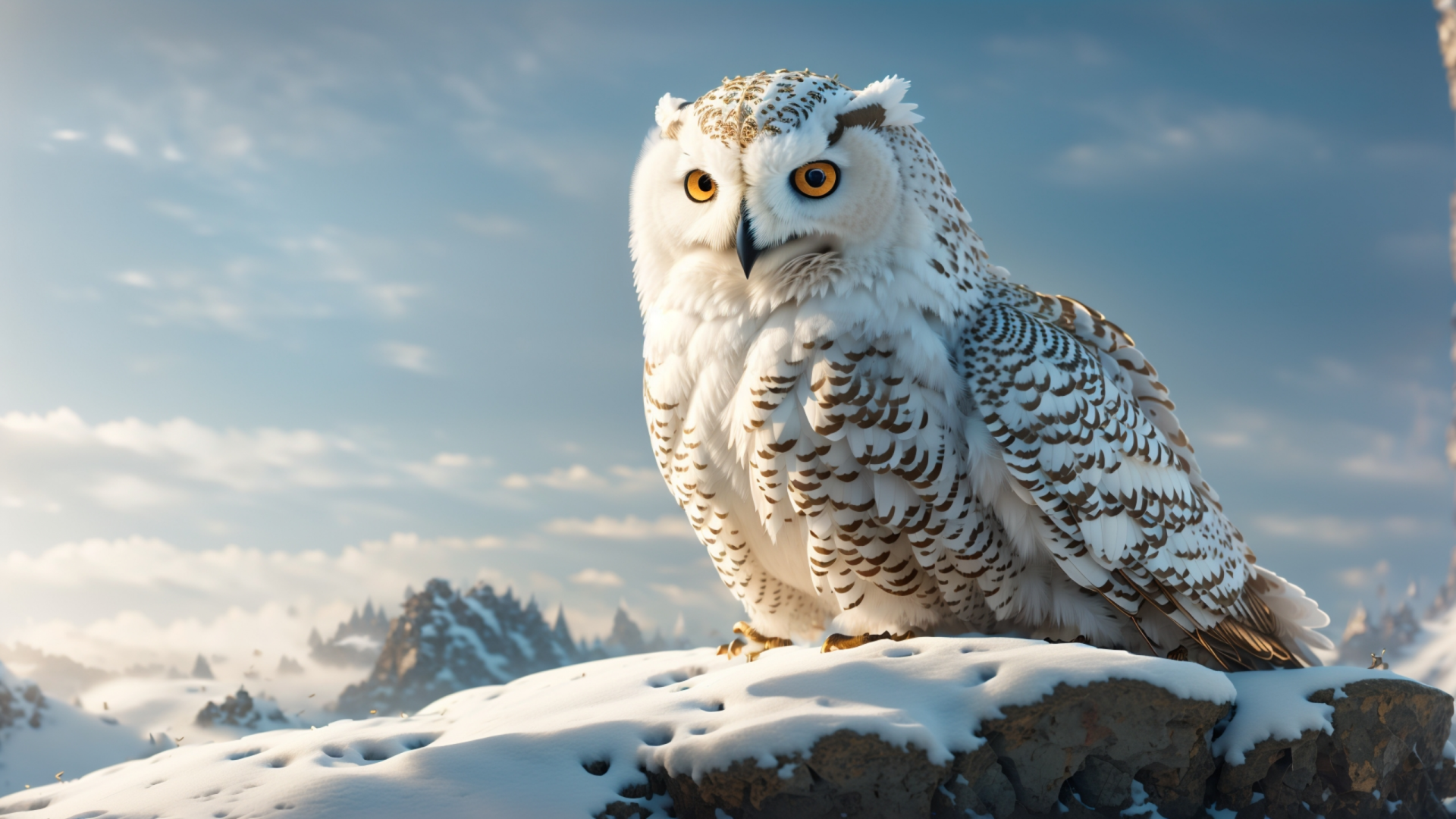 White snowy owl perched on a snowy mountain ledge against a blue winter sky — 2K Quad HD PC desktop wallpaper of a winter mountain animal