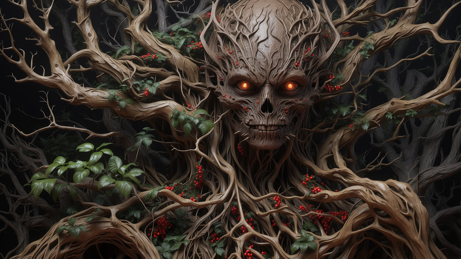 HD PC desktop wallpaper of a scary monster formed from twisted tree branches with glowing red eyes and dark vines intertwined with red berries.