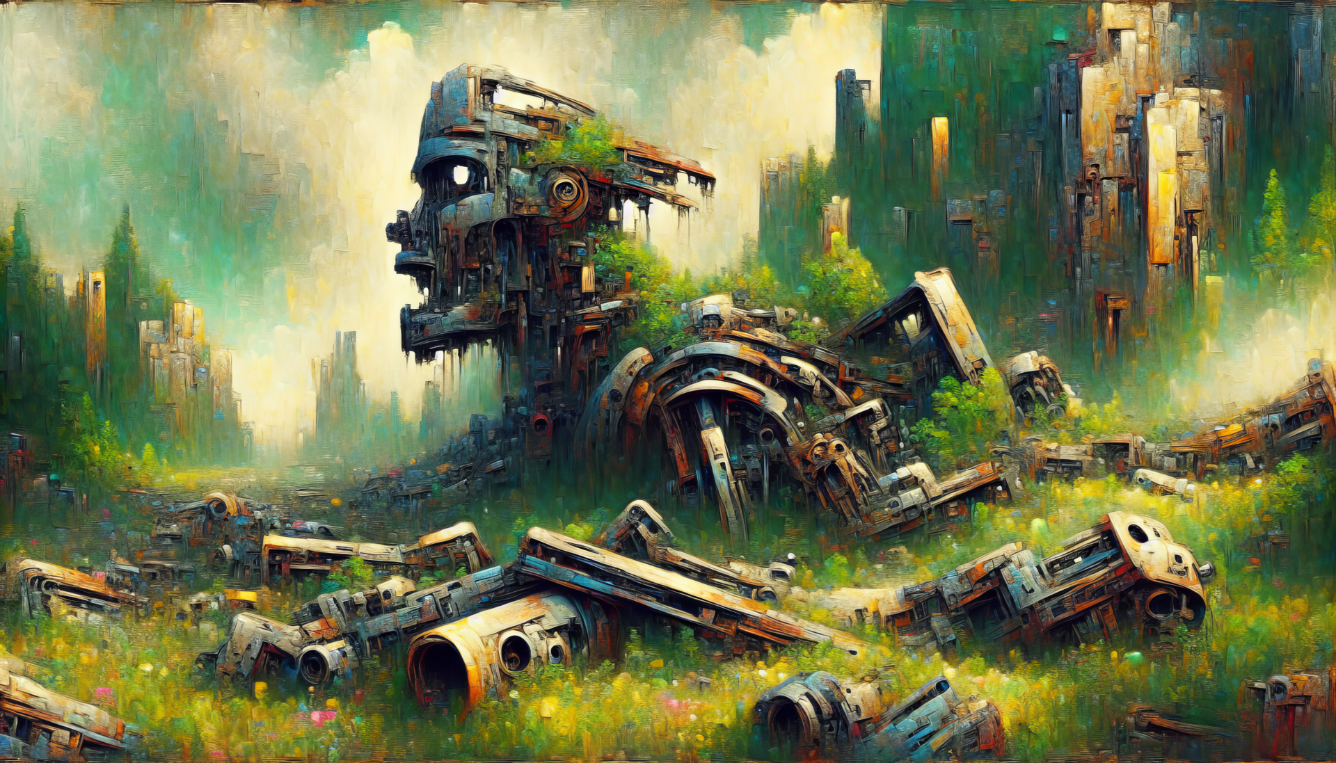 HD desktop wallpaper featuring a captivating scene of a giant robot in ruins amidst a field of decaying technology, evoking a post-apocalyptic atmosphere.