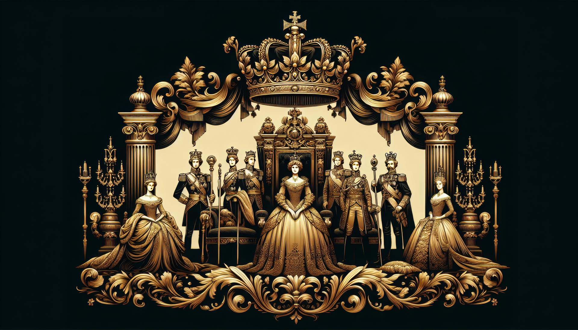 HD desktop wallpaper featuring an ornate golden royal motif with regal figures and crowns.