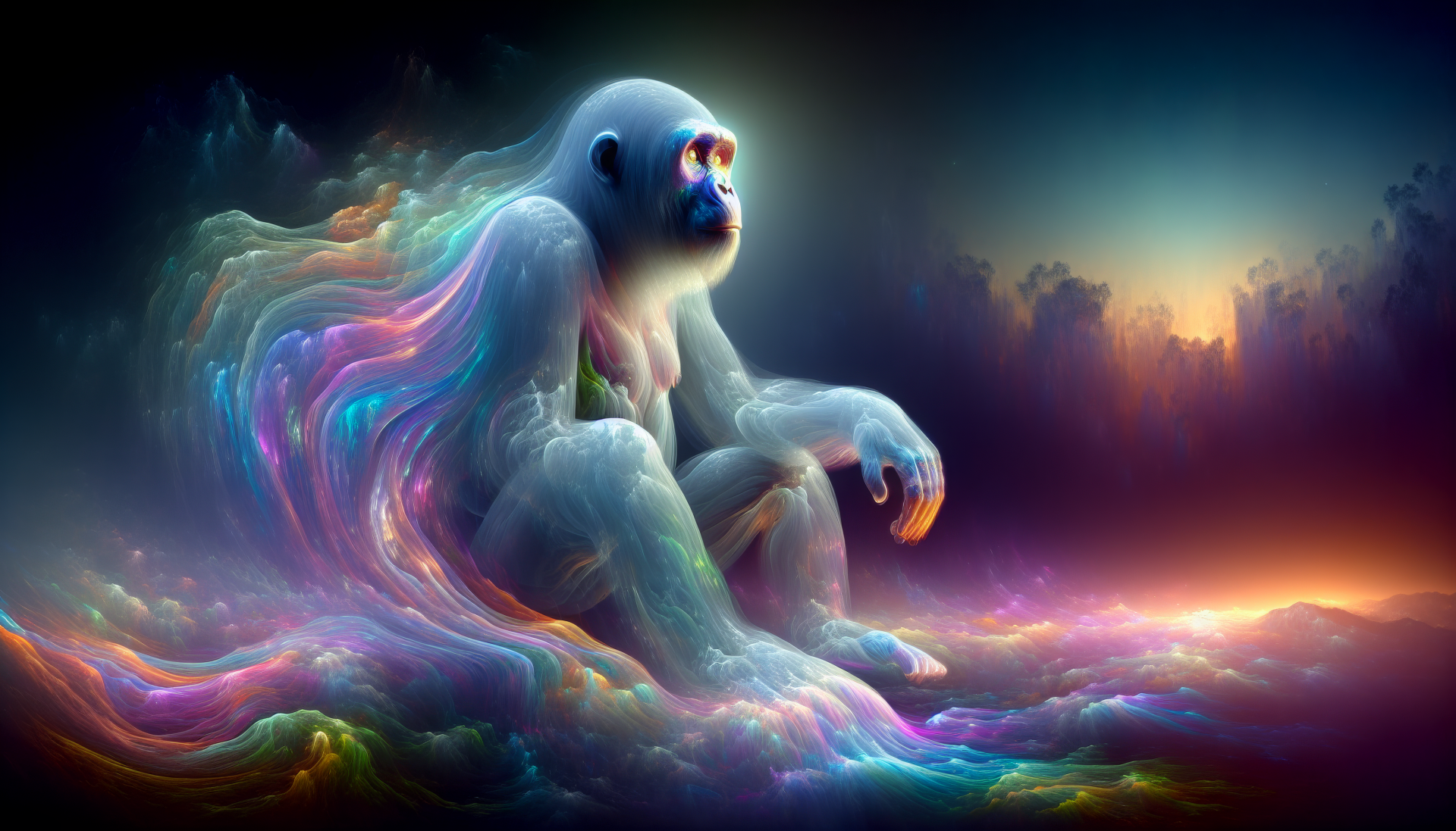 HD desktop wallpaper featuring a colorful, artistic depiction of an ape in a mystical, ethereal landscape.