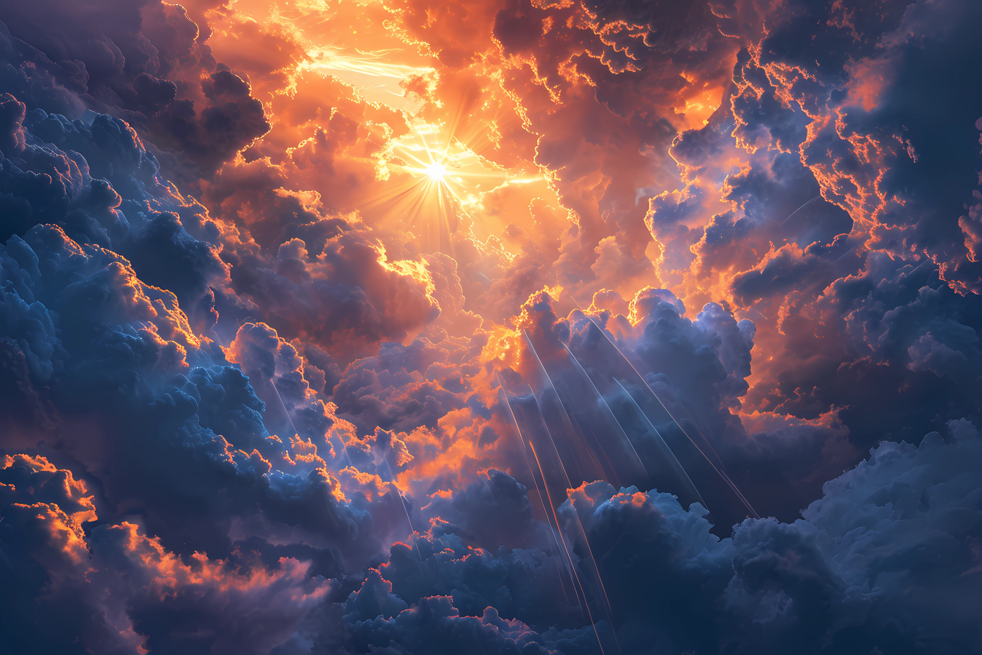 A dramatic 4K Ultra HD AI art wallpaper depicting a stormy sky with dark clouds illuminated by fiery sunlight breaking through.