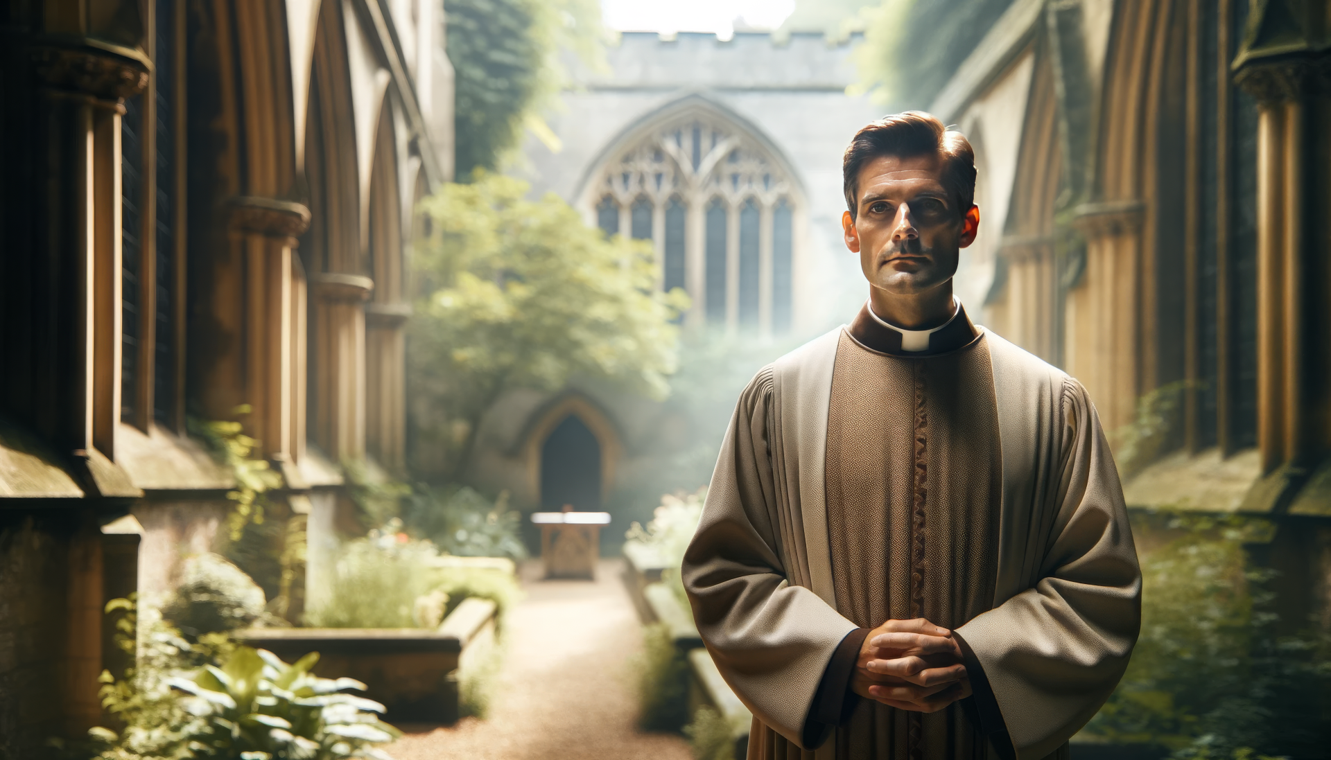A priest stands gracefully in a lush, serene courtyard of a historic building, bathed in soft light, creating a tranquil and contemplative atmosphere for a HD desktop wallpaper.