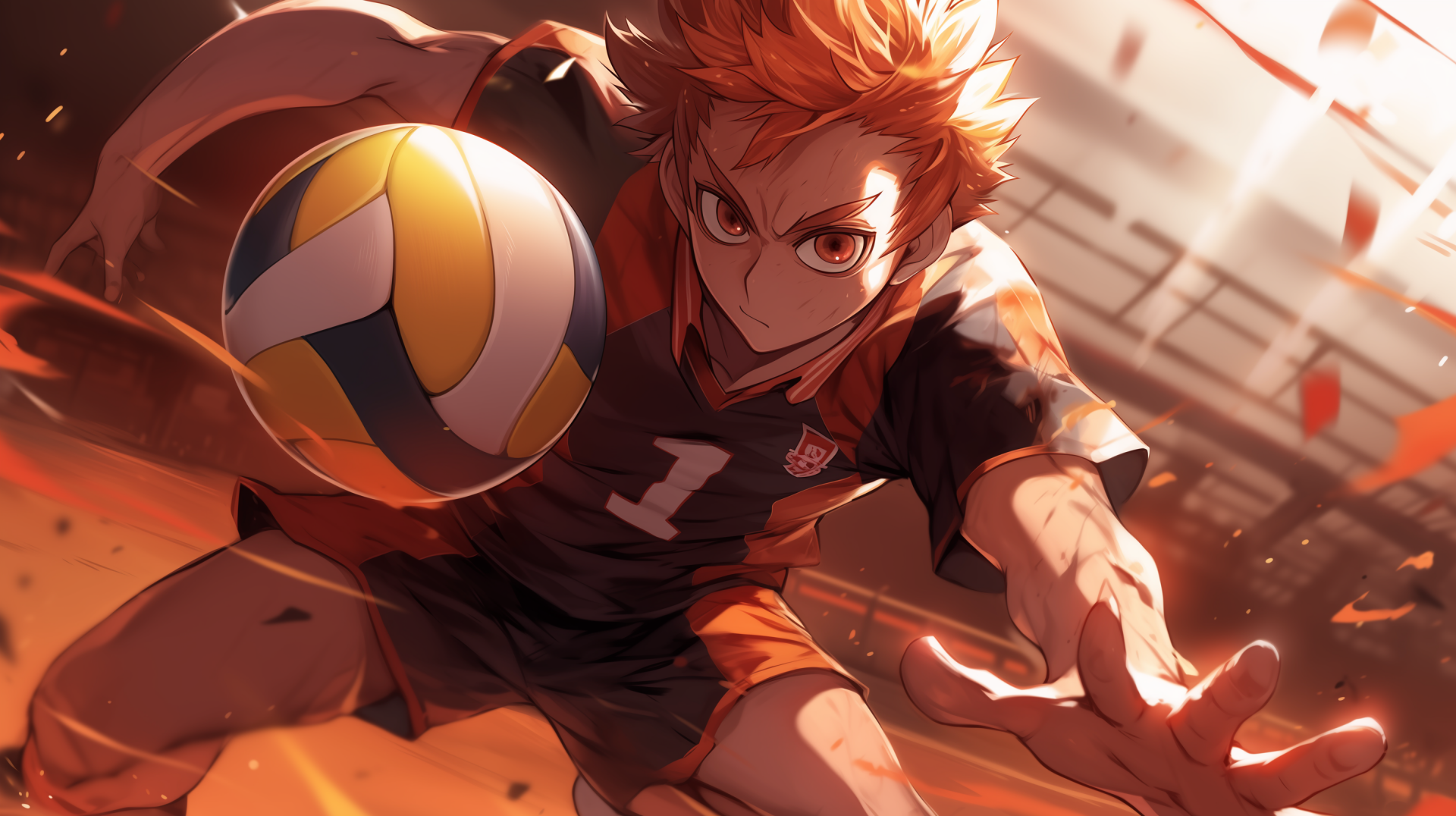 HD Anime Wallpaper featuring Shōyō Hinata from Haikyū!! in action playing volleyball with intense focus.