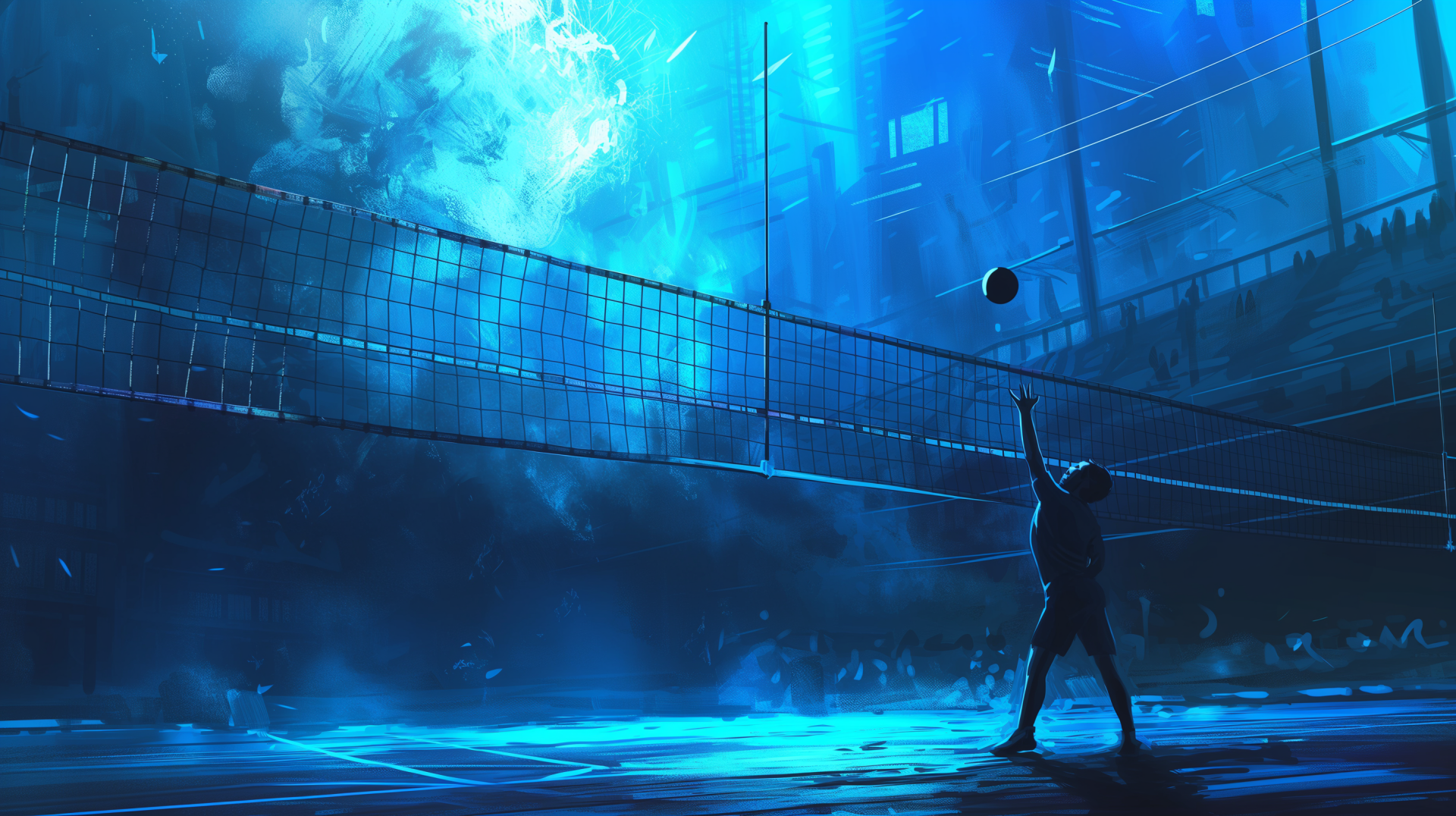 A dynamic silhouette of a volleyball player serving against a dramatic blue-tinted background, capturing the energy of sports in an HD wallpaper format.