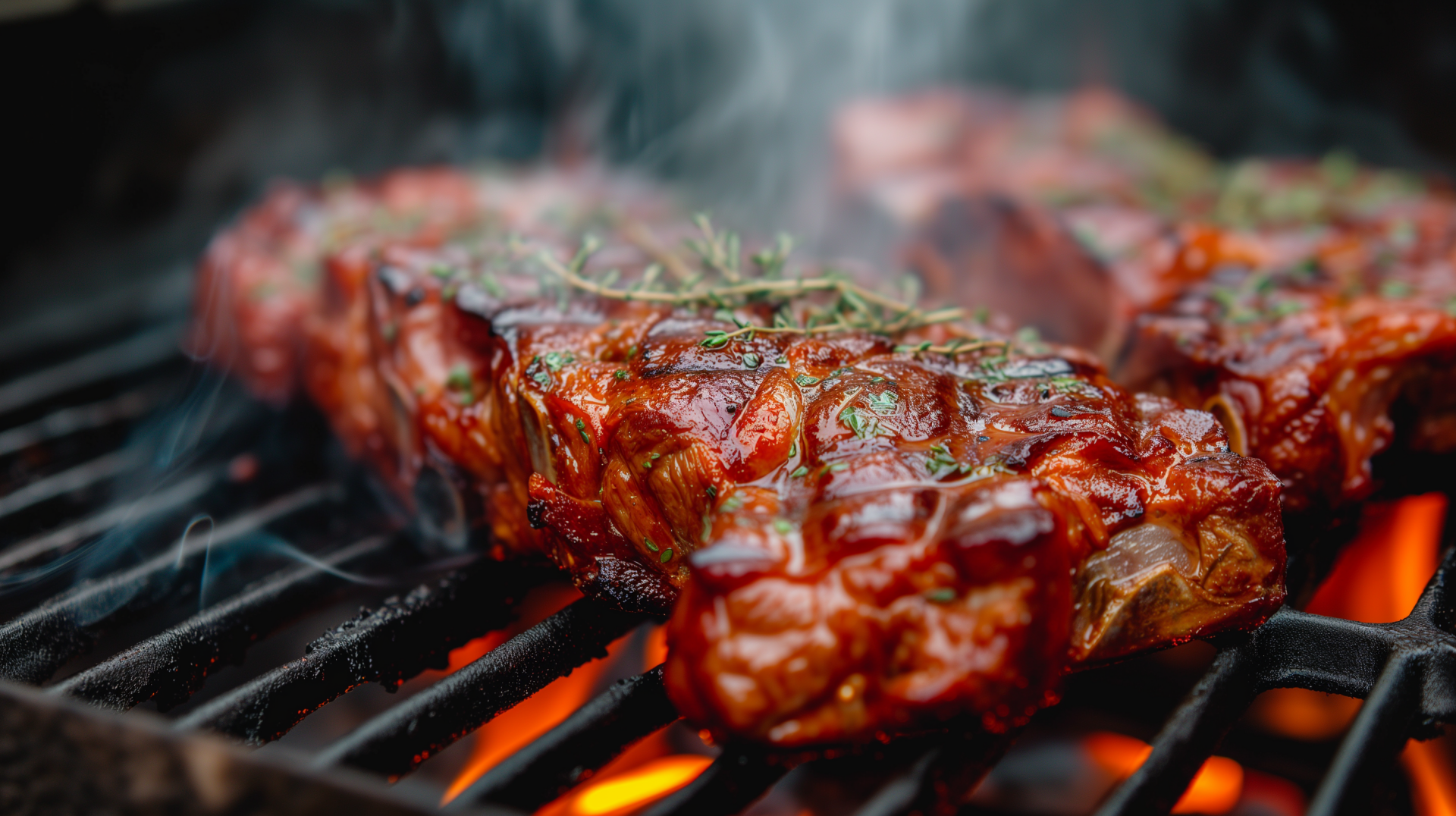 Succulent barbecued ribs with rosemary seasoning cooking on a grill, HD desktop wallpaper and background.