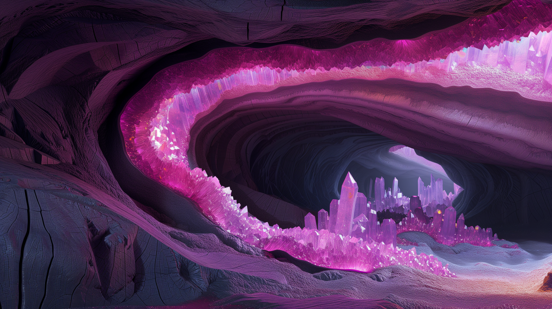A vibrant crystal cave features stunning pink crystals lining the walls, creating a magical, immersive atmosphere. This HD wallpaper adds a touch of wonder to any desktop background.
