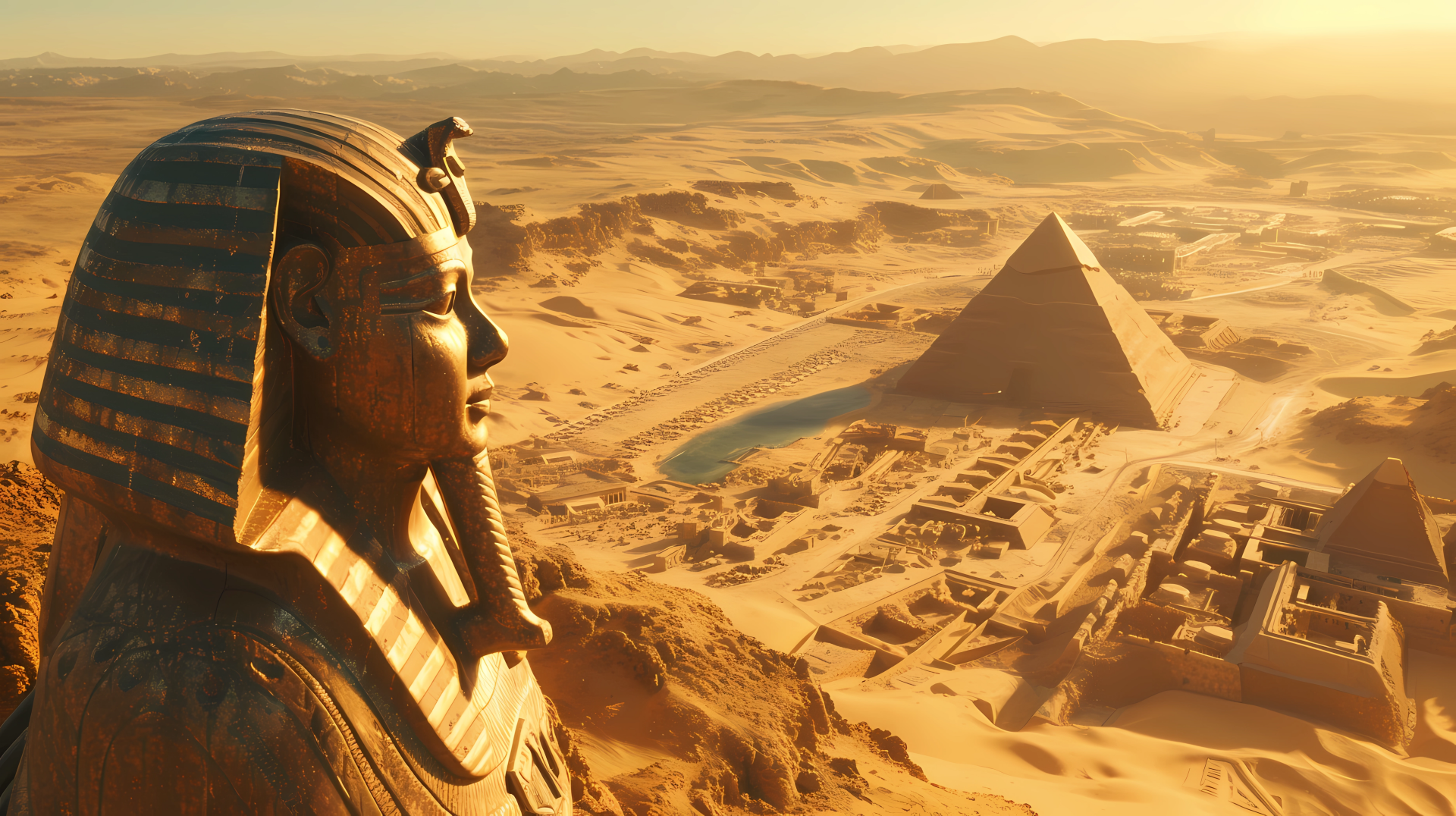 HD wallpaper featuring a fantasy Pharaoh statue overlooking the pyramids and landscape of ancient Egypt.