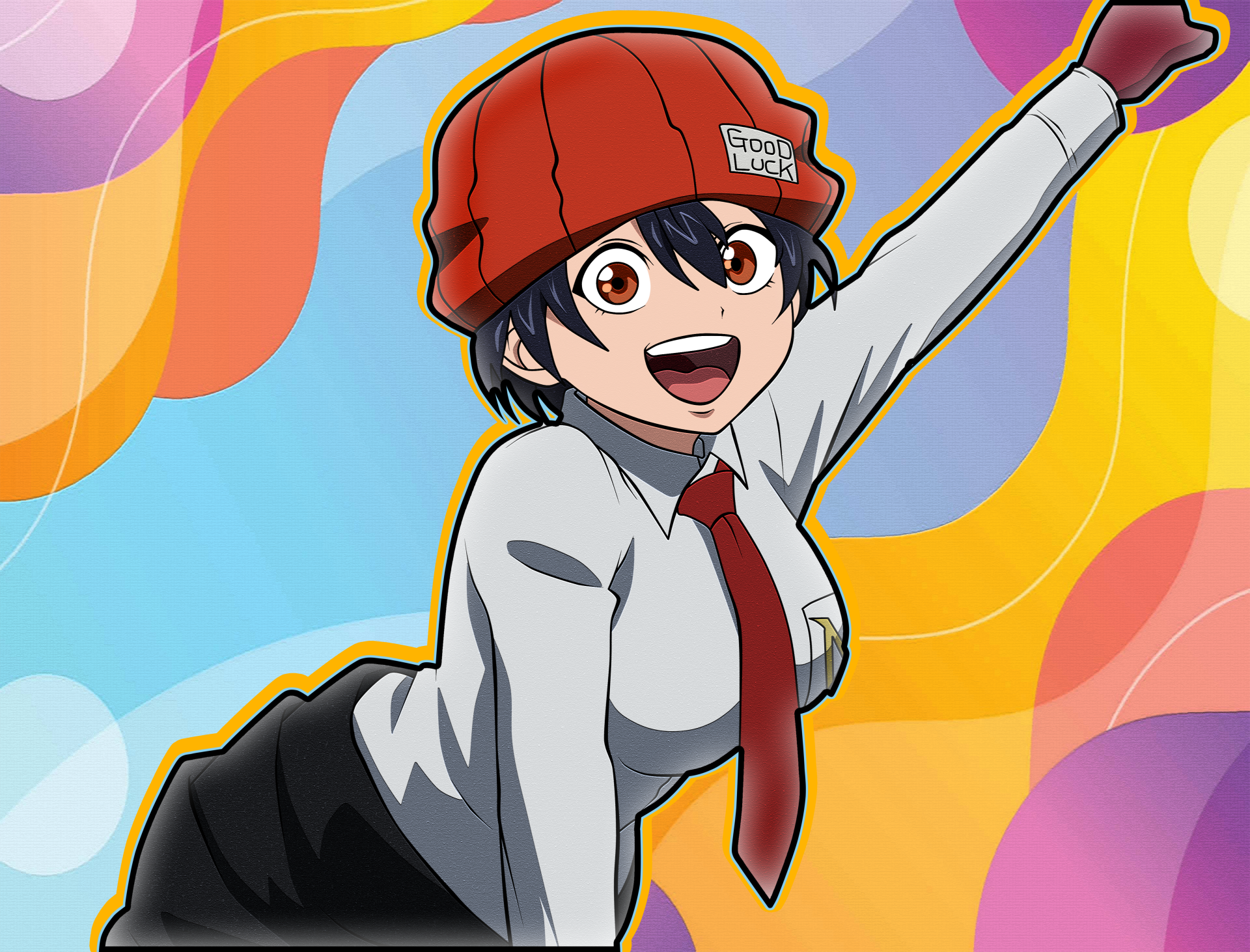 Anime-style 4K Ultra HD desktop wallpaper featuring Fuuko Izumo from Undead Unluck, wearing a red beanie and tie with a cheerful expression.