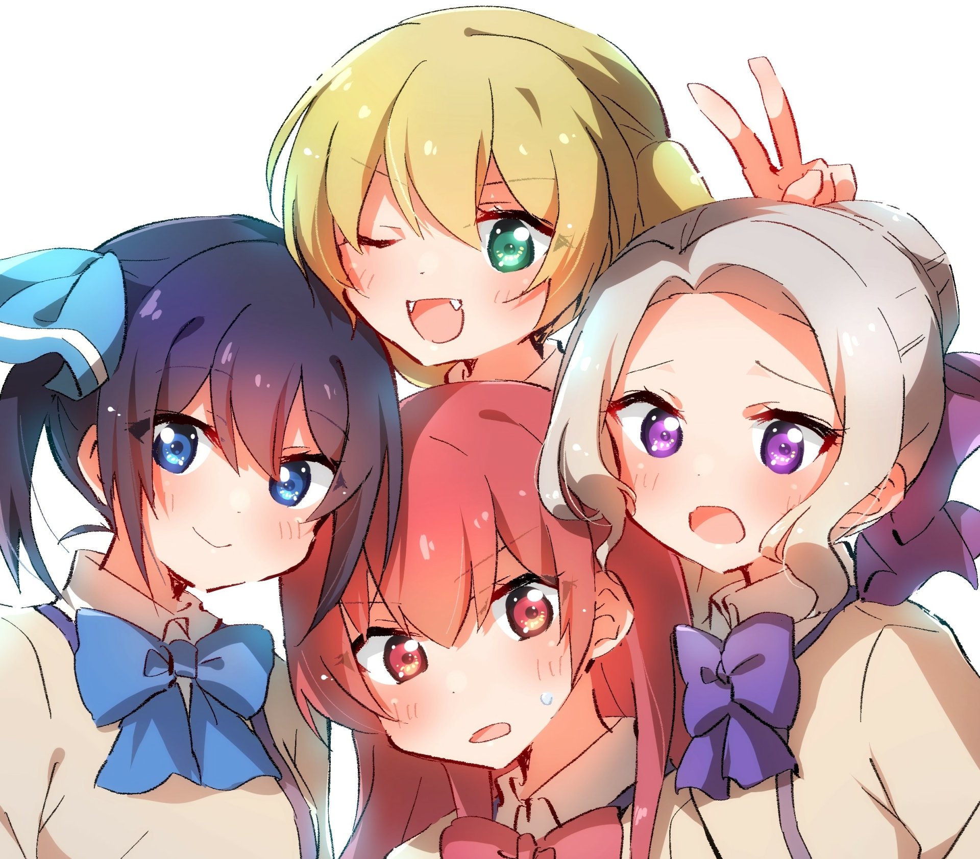 HD anime wallpaper featuring four colorful characters from Kanojo mo Kanojo with diverse expressions and vibrant backgrounds, designed for PC desktops.