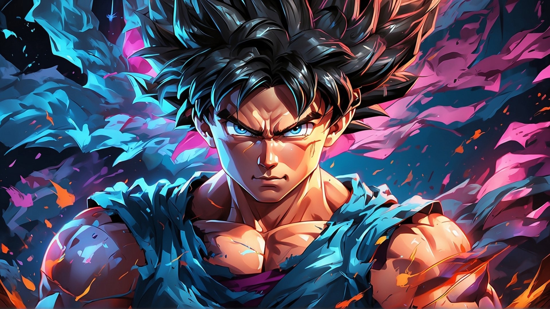 HD PC desktop wallpaper featuring Goku from Dragon Ball with intense expression, dynamic lighting, and vibrant blue and red energy effects.