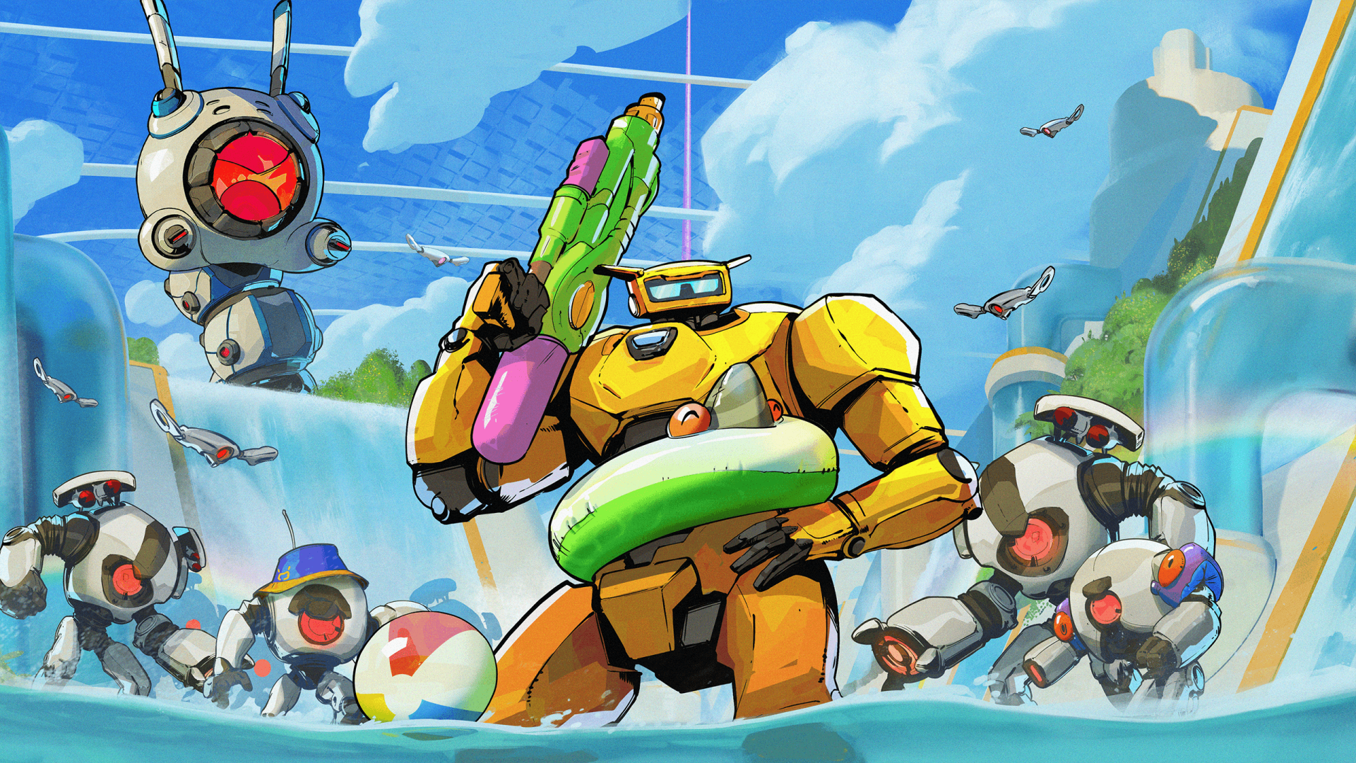 HD desktop wallpaper featuring Roboquest game characters enjoying a summer day at the beach.