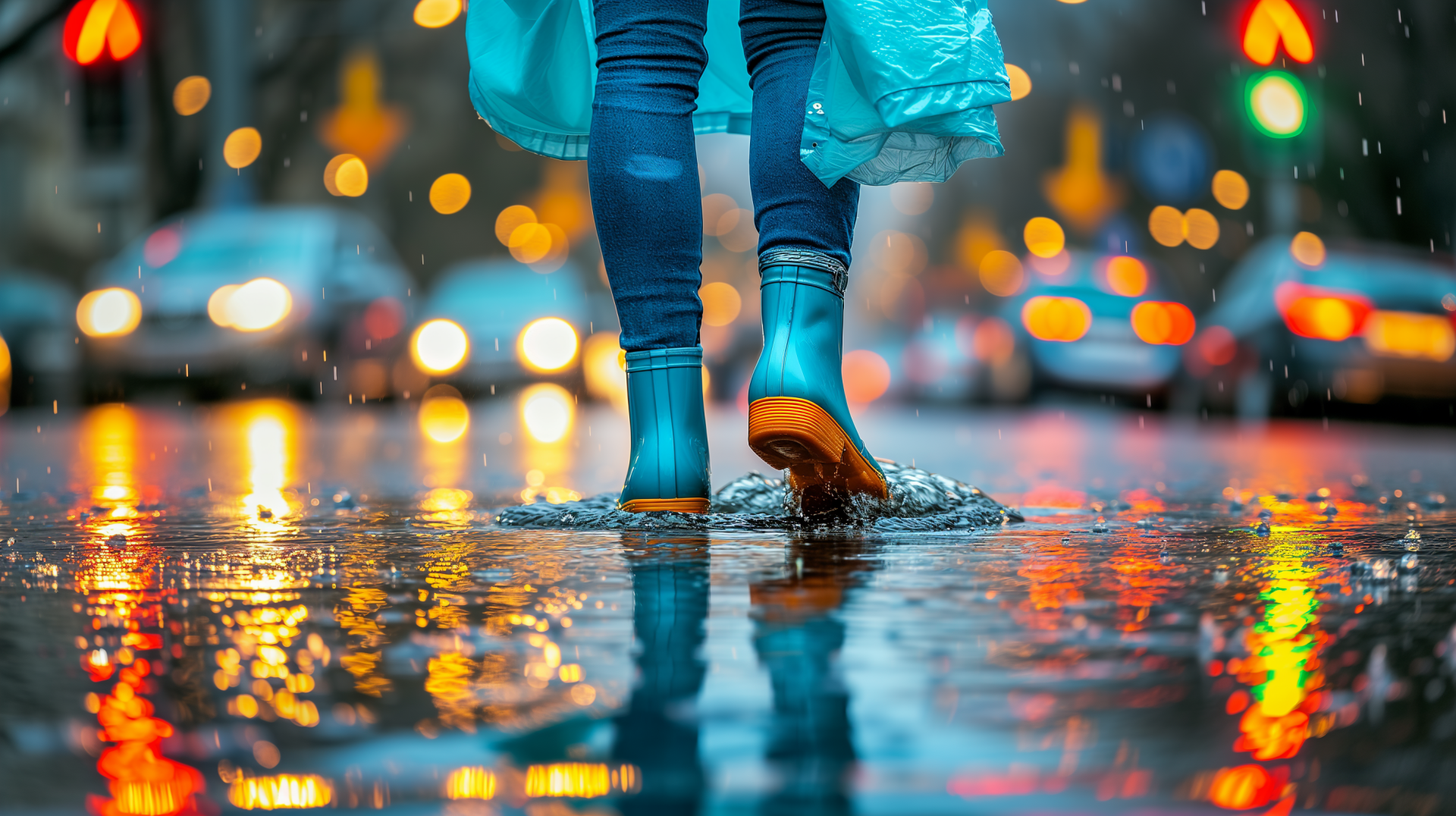 Person wearing blue rain boots walking on a wet street with reflective puddles, with city lights bokeh in the background – HD rain boots themed desktop wallpaper and background.