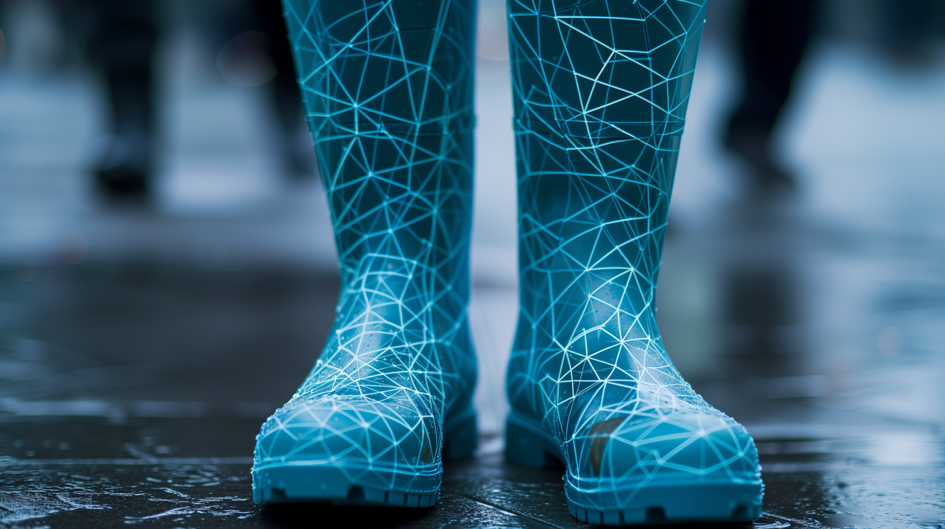 A close-up of vibrant blue rain boots with a geometric pattern, set against a reflective surface, creating an eye-catching HD desktop wallpaper and background.