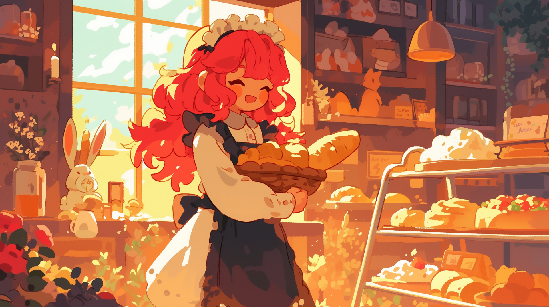 Anime girl working in a bakery surrounded by bread, HD desktop wallpaper.