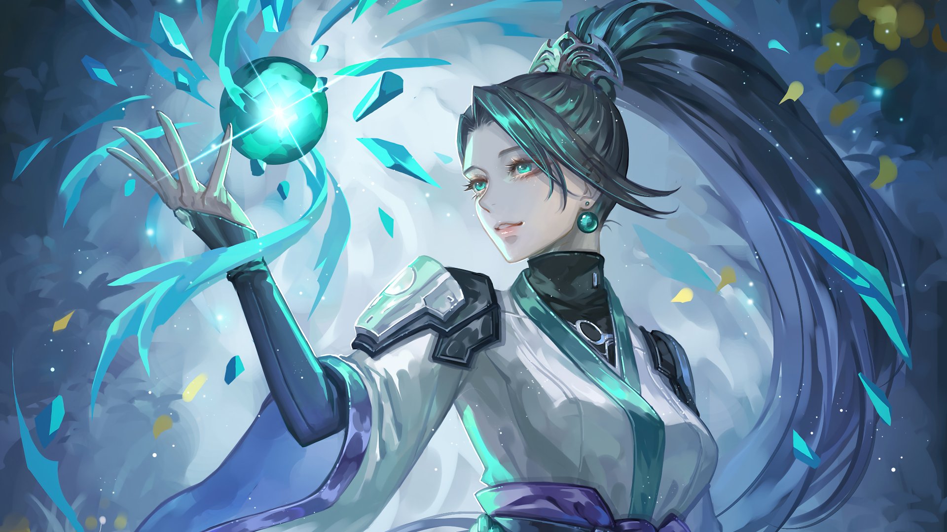 HD desktop wallpaper featuring the video game character Sage from Valorant, wielding her radiant abilities with a dynamic, magical energy backdrop.