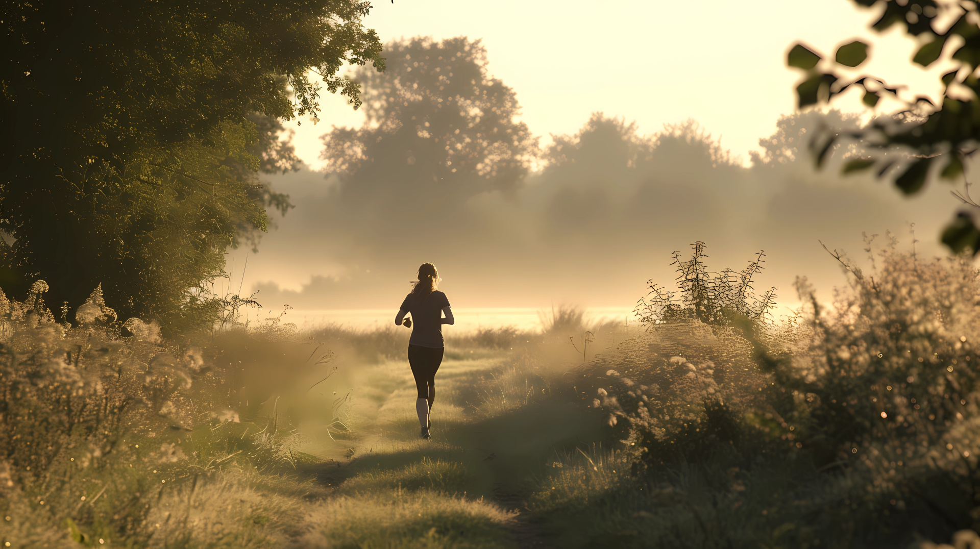 Person jogging on a countryside path during a misty morning surrounded by nature for HD desktop wallpaper background.