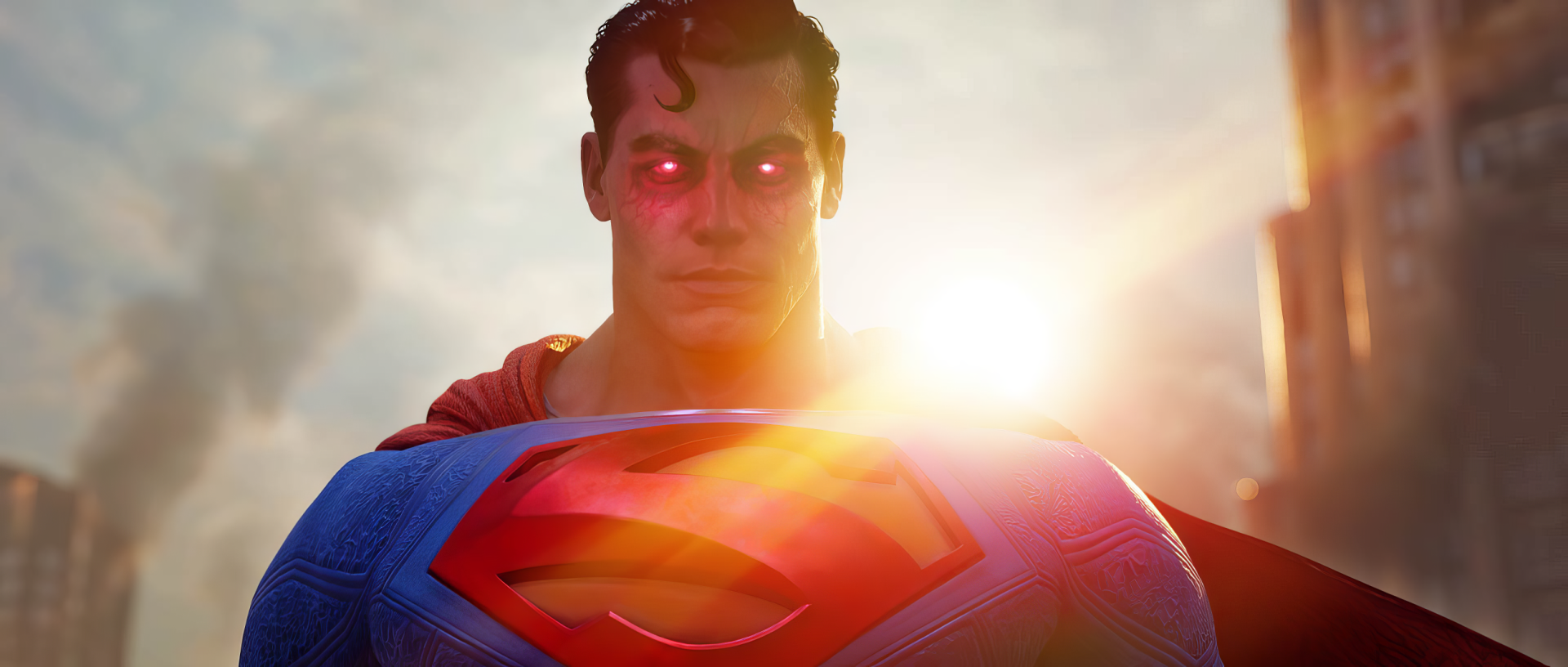 HD desktop wallpaper from Suicide Squad: Kill the Justice League featuring a close-up of Superman with glowing red eyes.