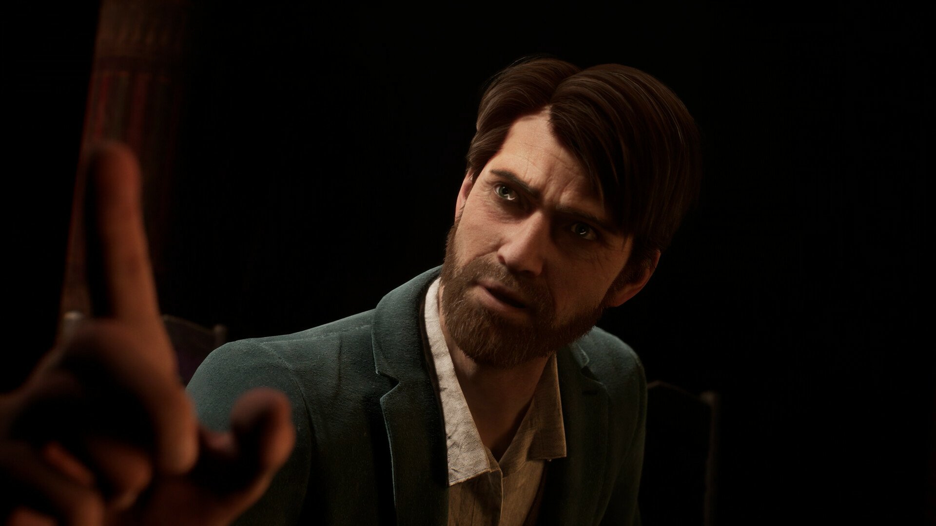 A character from the video game Alone in the Dark (2024) expresses a tense moment, captured in a dramatic HD desktop wallpaper.