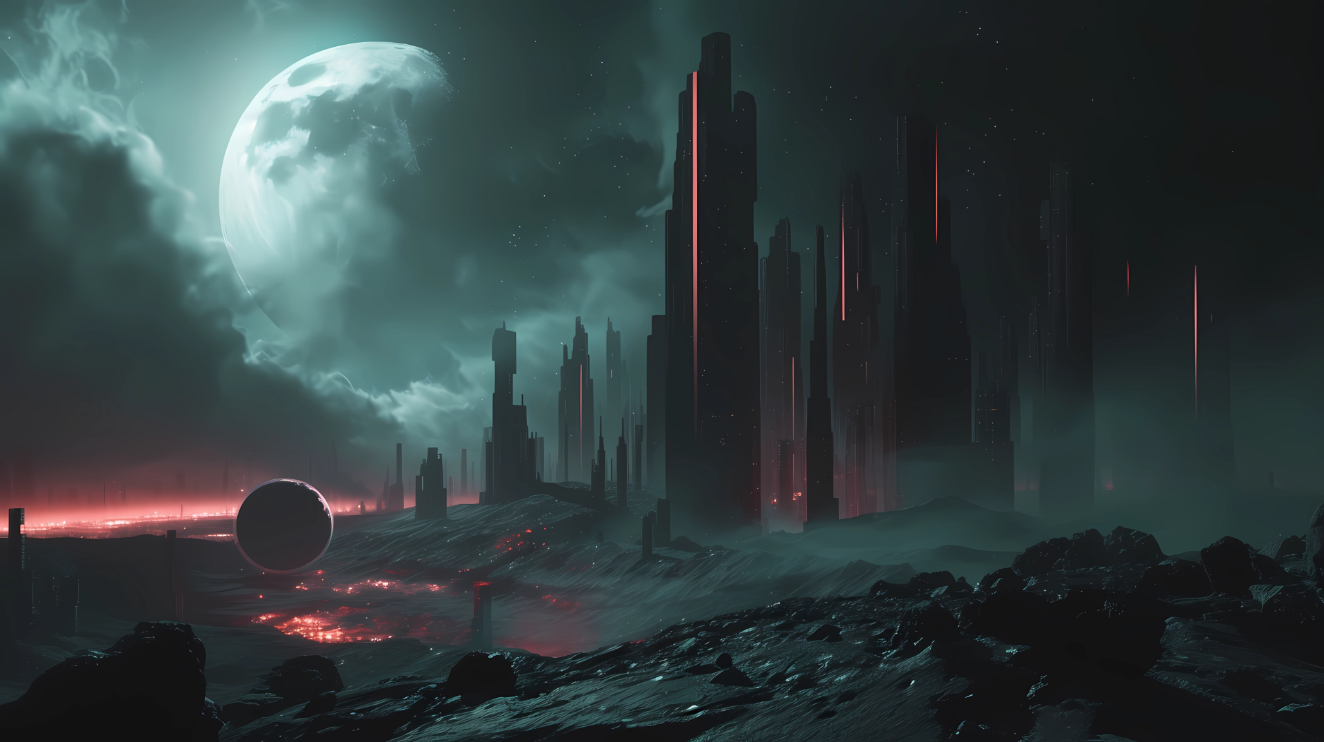 HD dystopian planetscape wallpaper featuring a post-apocalyptic city under a large moon with dramatic lighting and a dark, foreboding atmosphere.