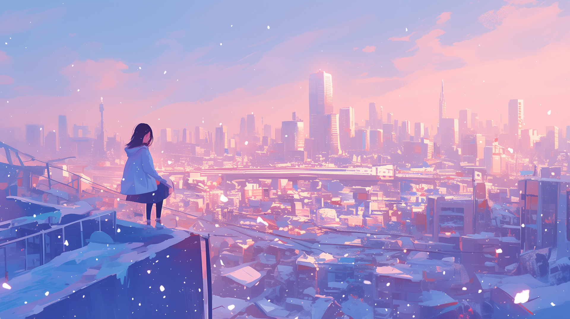 A serene snowy cityscape featuring a person sitting on a rooftop, surrounded by snow-covered buildings, with a pastel sky reflecting the tranquil ambiance. HD desktop wallpaper.
