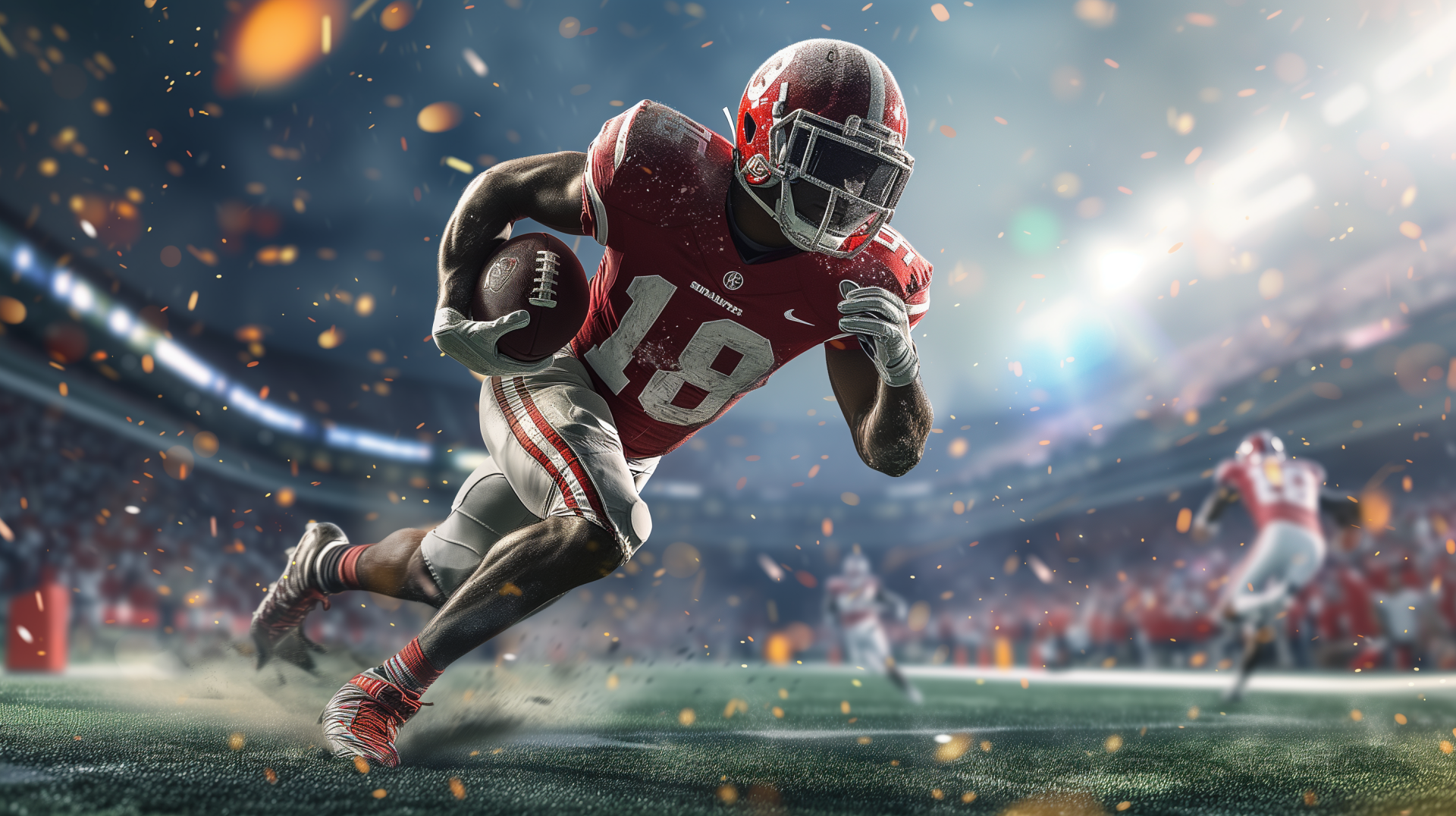 Dynamic HD wallpaper of a football player running for a touchdown in a packed stadium, capturing the intense action of the game.