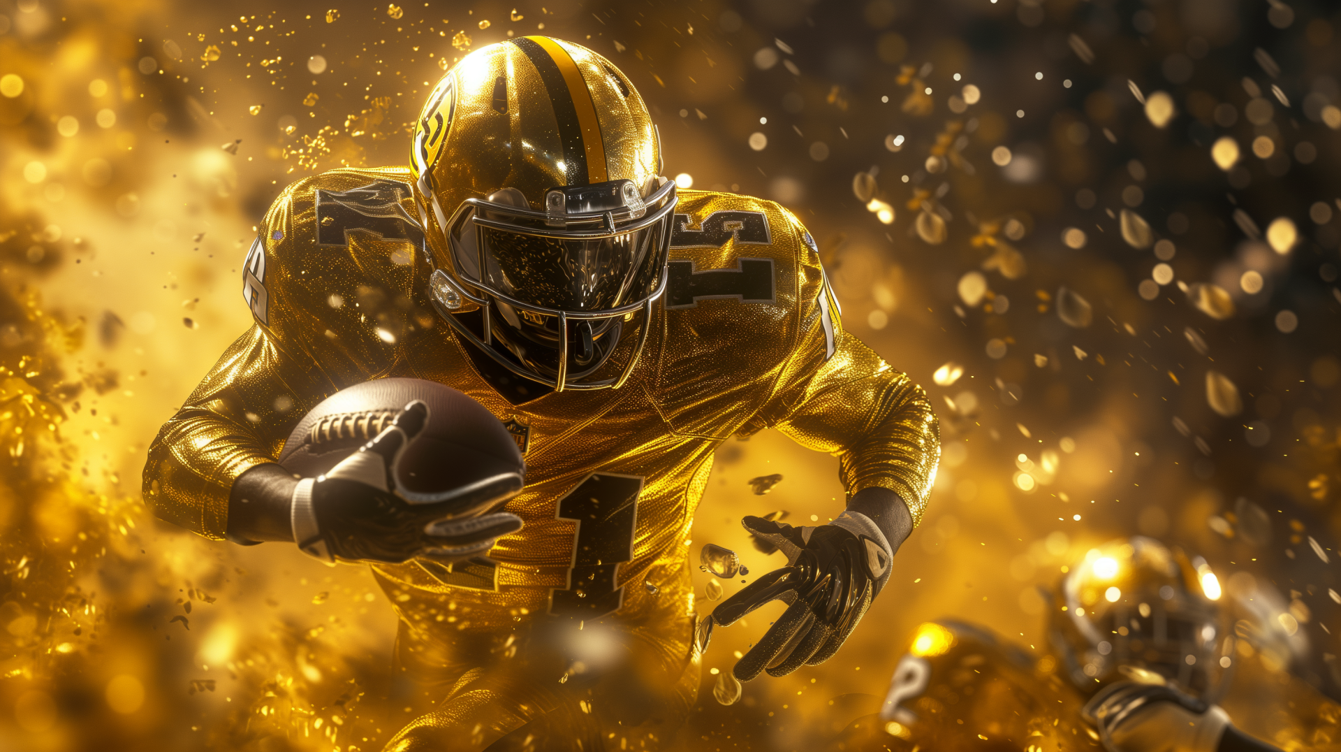 A dynamic football player in a striking golden uniform charges forward, ball in hand, surrounded by an explosion of color, capturing the intensity of a touchdown moment in this HD wallpaper.
