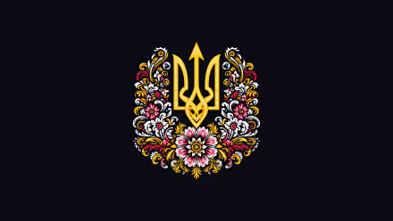 A vibrant 4K Ultra HD wallpaper featuring the Ukrainian trident symbol, adorned with colorful floral patterns against a dark background.