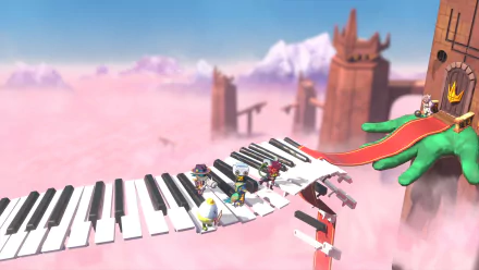 Animated characters running on a whimsical piano keyboard that forms a bridge in a colorful, fantastical setting with a castle in the background, for a Super Crazy Rhythm Castle HD desktop wallpaper.