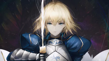 Saber from Fate/Stay Night anime in HD wallpaper with a dynamic pose against a dark, cosmic background, perfect for desktop backgrounds.