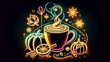 Neon glow art of coffee mug with aromatic steams, surrounded by autumn elements like leaves and pumpkins on a dark background - vibrant HD desktop wallpaper.