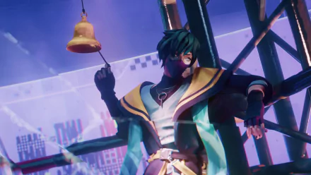 HD desktop wallpaper featuring Aphelios from League of Legends, wielding the weapon Heartsteel, set against a vibrant, urban backdrop.