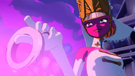 A vibrant HD wallpaper from Persona 5 Tactica, featuring a stylized character with striking colors and a playful expression against a dynamic purple backdrop.