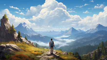 Hiker overlooking scenic mountain valley HD desktop wallpaper and background.