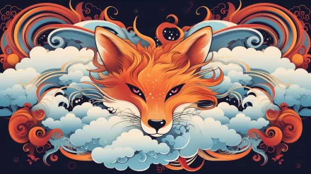 A vibrant AI art HD desktop wallpaper featuring a stylized fox head emerging from layered clouds with intricate Japan-inspired patterns and swirling designs.