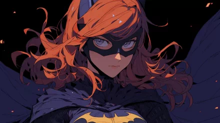 A striking HD desktop wallpaper featuring Batgirl, showcasing her fierce expression and vibrant red hair, set against a dark background that highlights her iconic cape and mask.